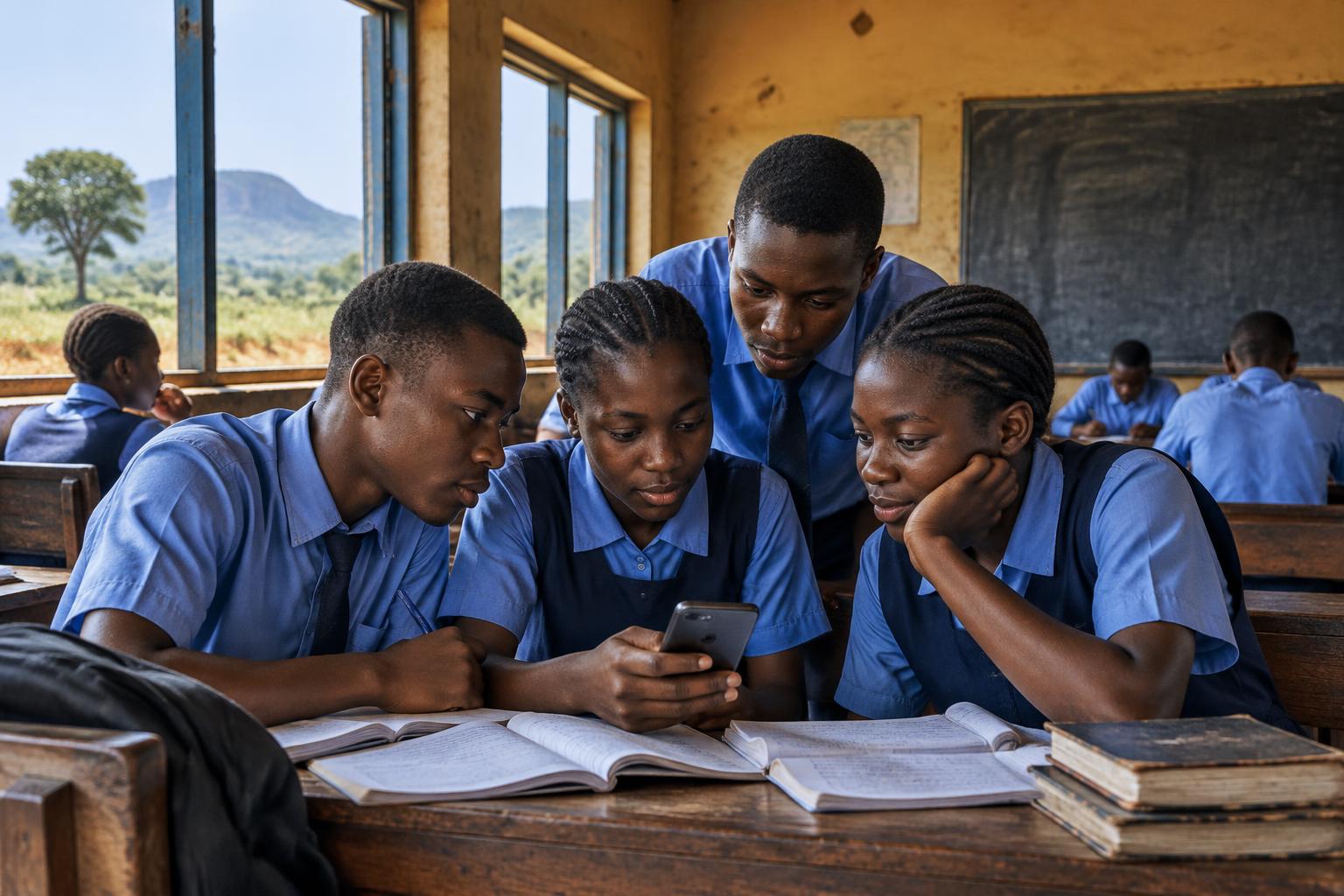 Nigerian students learning together around a smartphone